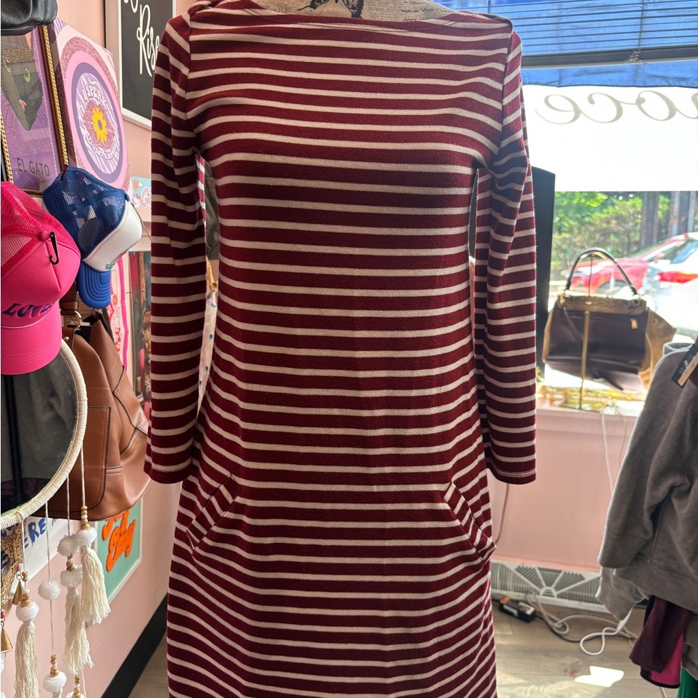 Hollister Maroon and White Striped Long Sleeve Dress